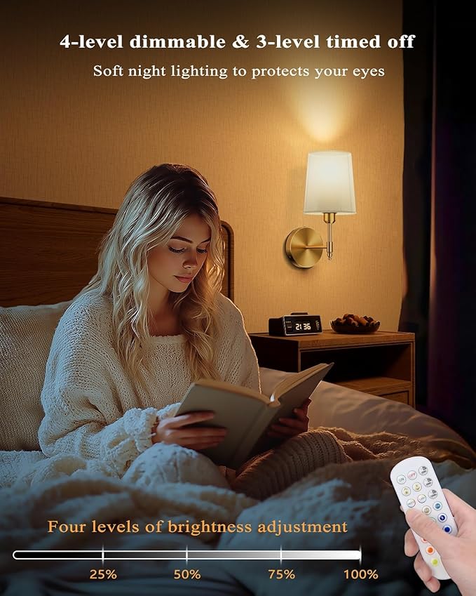 Battery Operated Wall Sconces Set of 2, Wireless Rechargeable Dimmable Wall Light with 5600mAh RGB Bulb and Remote for Bedroom, Living Room, Hallway, Gold, 13.5in