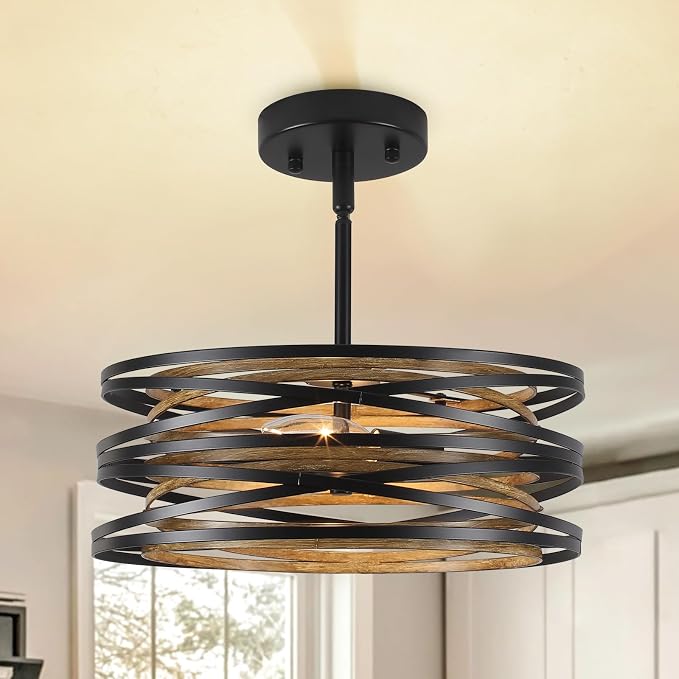 Farmhouse Semi Flush Mount Ceiling Light, Black and Wood Grain Kitchen Island Hanging Pendant Lighting for Dining Room Bedroom Bar Office, Industrial