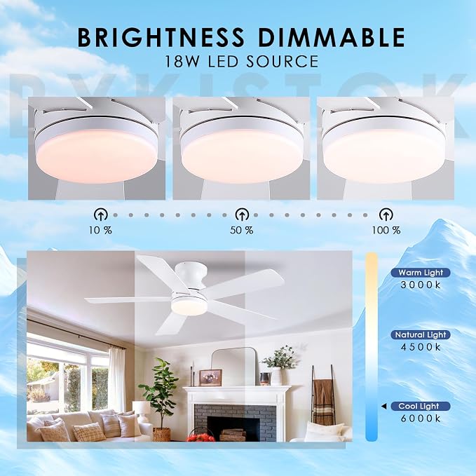 46 inch Ceiling Fans with Lights, White Flush Mount Ceiling Fan with Remote, 3CCT, LED Dimmable, Reversible, 6 Fan Speeds, Quite Low Profile Ceiling Fan with Lights Modern Bedroom Kitchen Indoor