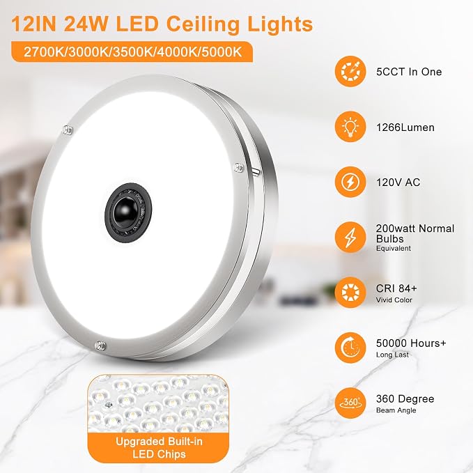 12" Nickle LED Motion Sensor Outdoor Ceiling Light, 5CCT, 24W | Dusk to Dawn, 2700K/3000K/3500K/4000K/5000K Dimmable, 4 Lighting Modes, Flush Mount Ceiling Light for Entryway, Garage