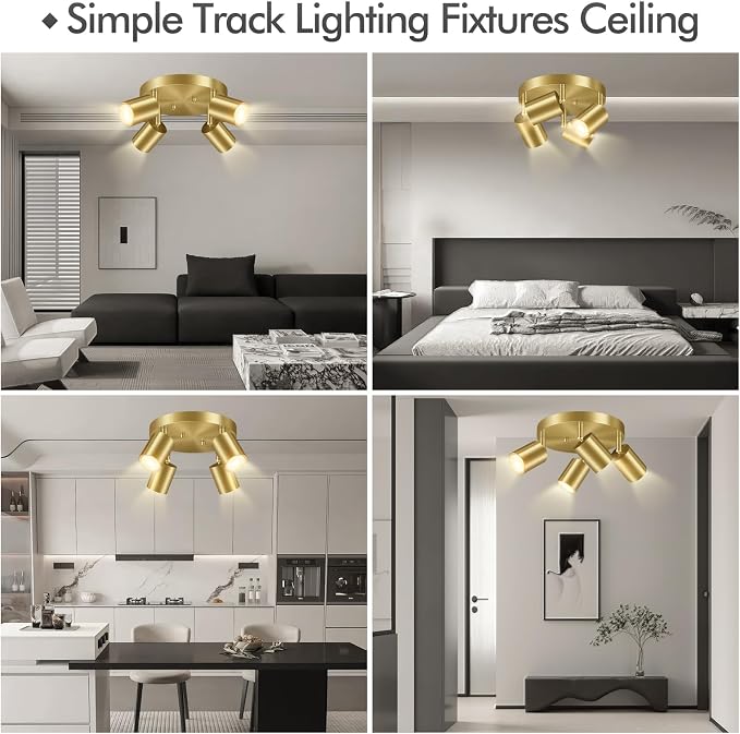 LED 4 Light Track Lighting Kit, LED Track Lighting Fixtures, Gold Round Ceiling Spot Lighting, Flexibly Rotatable Light Head for Kitchen, Living Room, Bedroom, GU10 Bulb Not Included