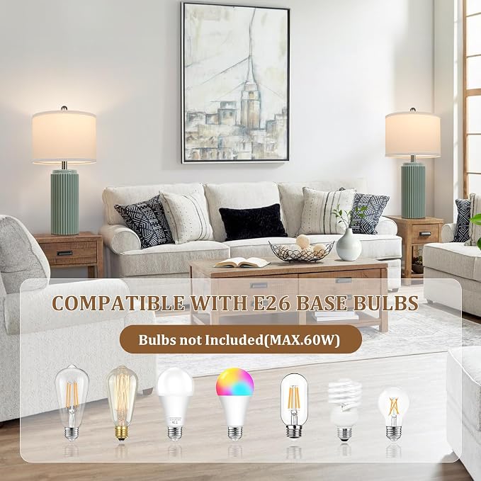 23.5" Green Ceramic Table Lamps Set of 2, Modern Nightstand Lamps | Bedside Table Lamps with White Linen Shade, Ideal Size, Farmhouse Home Decor for Living Room Bedroom Office End Table Dorm