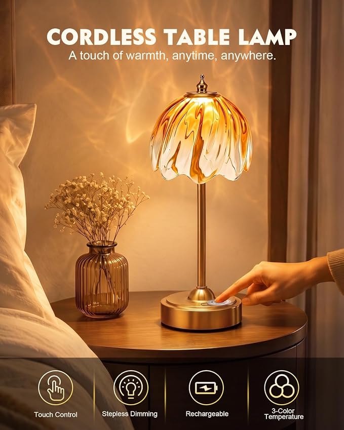 Nusogon Cordless Flower Table Lamp, 5200mAh Small Rechargeable Touch Lamp | 3 Color & Stepless Dimming, Amber Gradient Glass Desk Lamp for Bedroom, Office, Kitchen, Nightstand, Room Decor