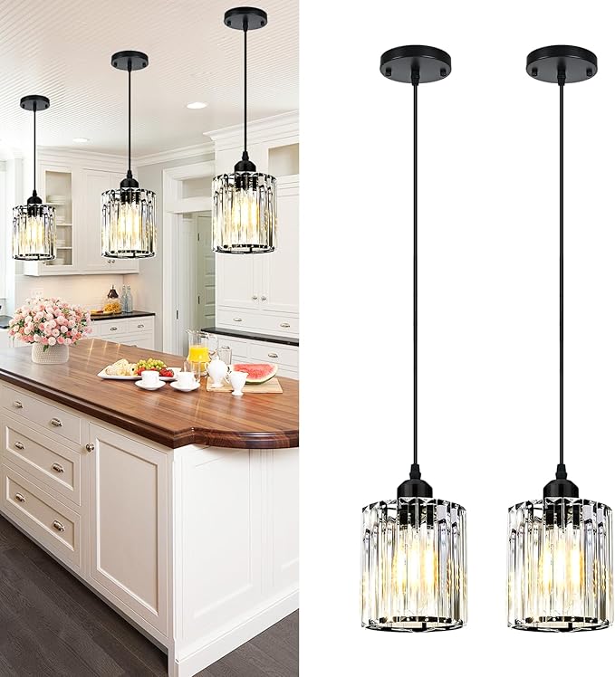 Black Pendant Lights for Kitchen Island, Elegant Modern Island Lights for Kitchen with Crystal Glass – Luxury 2 Pack Pendant Lights for Kitchen Island, Dining Table, Entryway, Restaurant