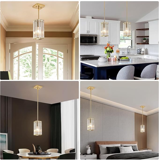 Modern Crystal Pendant Lights Kitchen Island, 1-Light Brushed Gold Hanging Light with Clear Crystal Shade, Adjustable Height Pendant Lighting for Kitchen Island Dining Room Bedroom Bar Entryway