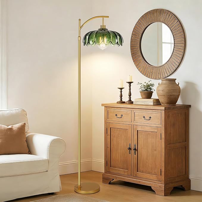 ILLMTW Gold Floor Lamp for Living Room,Bedroom,Mid Century Modern Standing Lamp with Remote,Dimmable Brass Tall Lamp Vintage Retro Green Glass Arc Floor Flower Floor Light Boho Bohemian