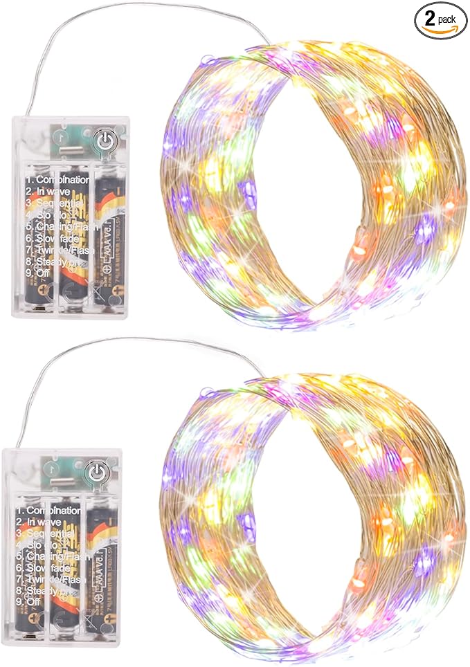 Multicolor Fairy Lights Battery Operated (Included), 8 Modes & Auto Timer, 2 Packs 5m 50Led Mini Twinkle Silver Wire Firefly Starry Lights, Waterproof Battery Operated Lights for Bottle