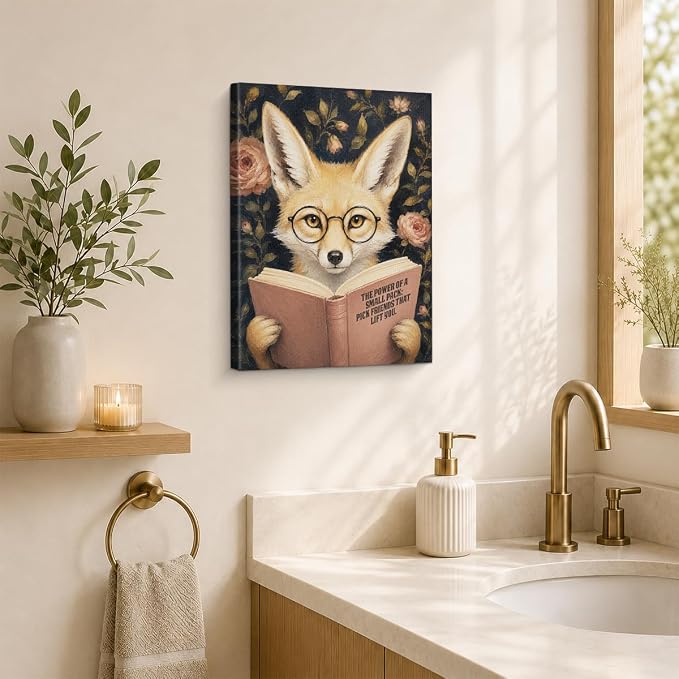NSFBESSLIA Funny Coyote Reading BooK Painting, Whimsical Vintage Animal Decor, The Power Of A Small Pack, Cottagecore Wall Art for Living Room Bedroom Entryway, 8x10 Inch
