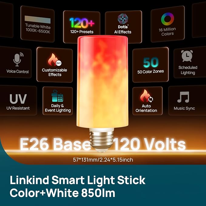 Linkind Smart Light Stick, Color and White Smart Light Bulb, 850lm | Works with AiDot, Alexa, Apple Home, Google Home, 120+ Presets, Custom Flame Effects, E26 Base, 2.4G Wi-Fi, 2 Pack