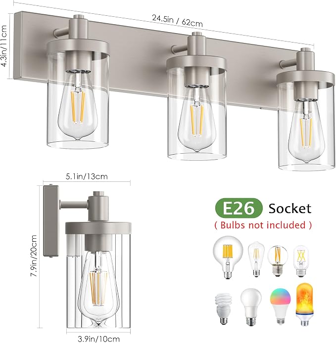 Aipsun Brushed Nickel Bathroom Light Fixtures 3 Lights Vanity Light for Bathroom Lighting Fixtures Over Mirror(Exclude Bulb)