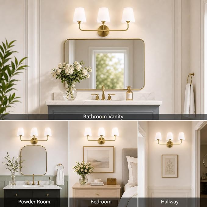 Bathroom Light Fixtures,3-Light Brushed Gold Vanity Lights,Lighting Fixtures Over Mirror with White Flared Fabric Shade,Modern Wall Sconce for Bathroom,Bedroom,Living Room,E26 Socket