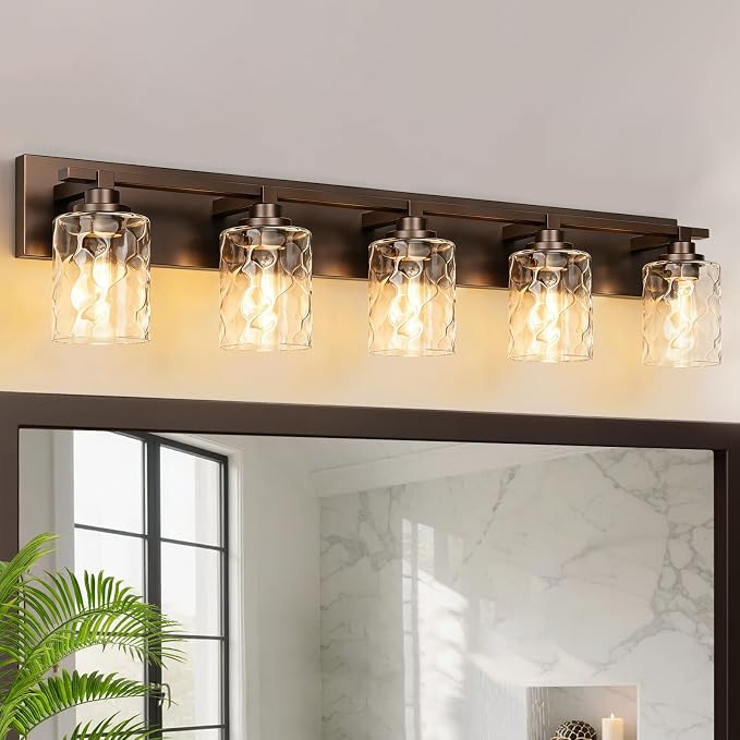 Modern Bathroom Lighting Fixtures Over Mirror, Vanity Lights for Bathroom, Wall Sconces with Clear Glass Shades, E26 Ceramic Socket, 5-Light 35.4-inch Oil-Rubbed