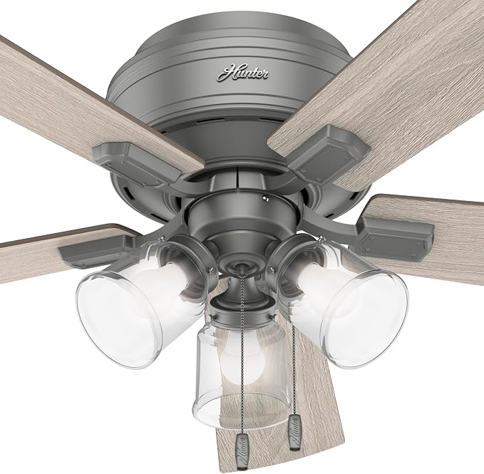Hunter Crestfield, Indoor, Ceiling Fan, Quiet, 52 inch, Matte Silver | with LED Lights and Pull Chain, Low Profile Flush Mount, 5 Blades, For Bedroom, Living Room, Kitchen, 51020