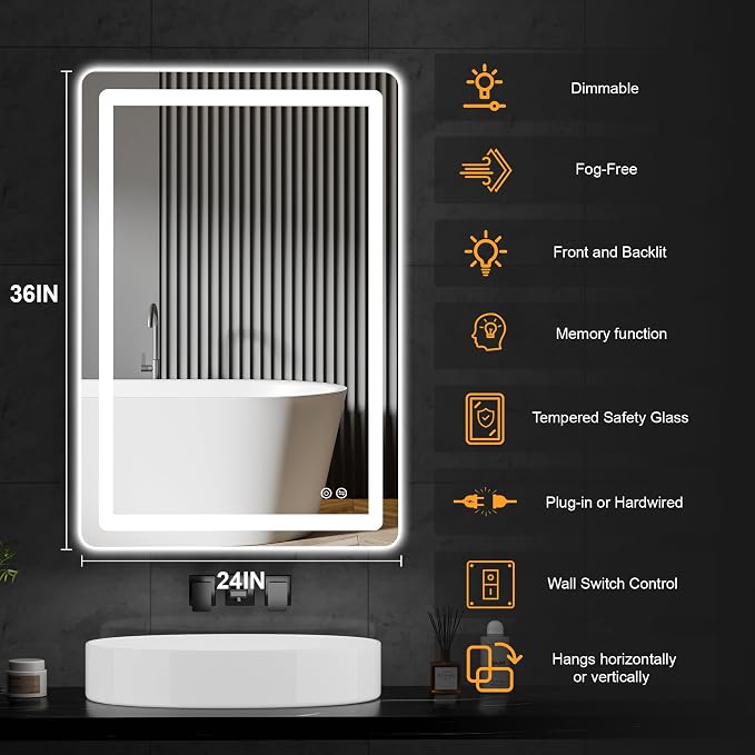 LED Bathroom Mirror with Lights, 24 x 36 Lighted Vanity Wall Mirror | Backlit and Frontlit, Anti-Fog, Dimmable 3 Colors, Shatter-Proof Tempered Glass, Memory Function, Plug-in/Hardwired