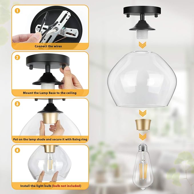 Modern Semi Flush Mount Ceiling Light with Clear Glass Shade, Black | Quick & Easy Installation, Premium Quality, Gold Accent, Perfect for Hallway Kitchen Entryway Laundry