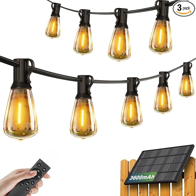 Achin 50FT Solar String Lights Outdoor with 32 LED Bulbs 1.5FT Bulbs Spacing,Patio String Lights Whith Remote, IP65 Waterproof, 3600mAm Battery (50FT 32Bulbs)