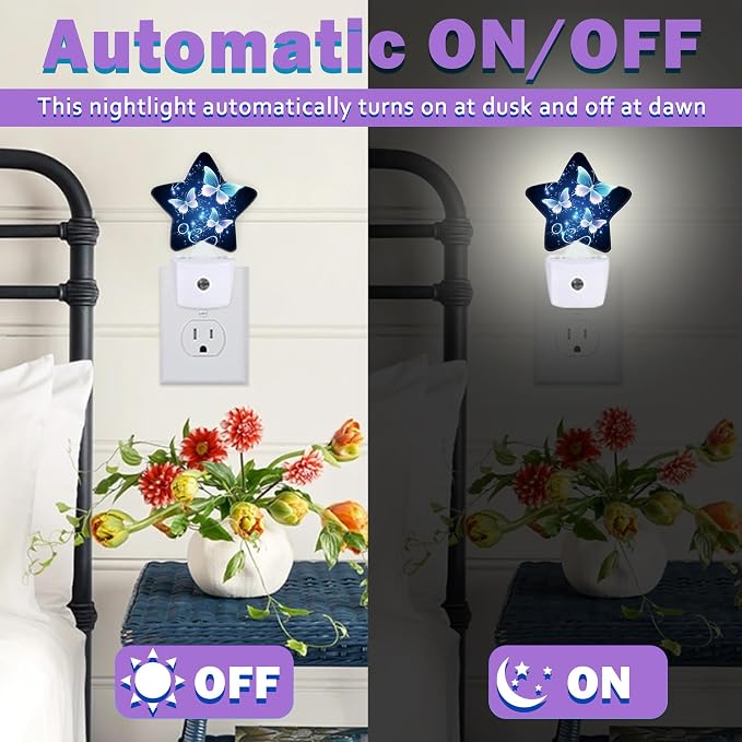 Glitter Butterfly Night Lights Plug Into Wall,Navy Blue Dusk to Dawn Light Sensor Night Light for Kids, Energy Efficient Sleep Friendly Lamp for Bedroom Bathroom Nursery