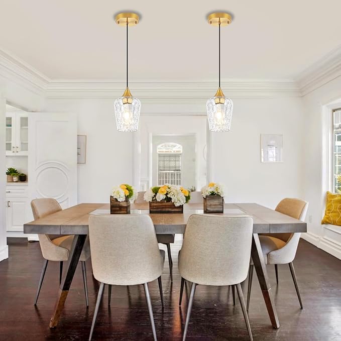 3 Pack Gold Pendant Lights Kitchen Island, Modern Hammered Glass Pendant Lighting Over Island, Hanging Kitchen Light Fixtures Over Sink Adjustable Mini Pendant Light for Bathroom Hallway Dining Room