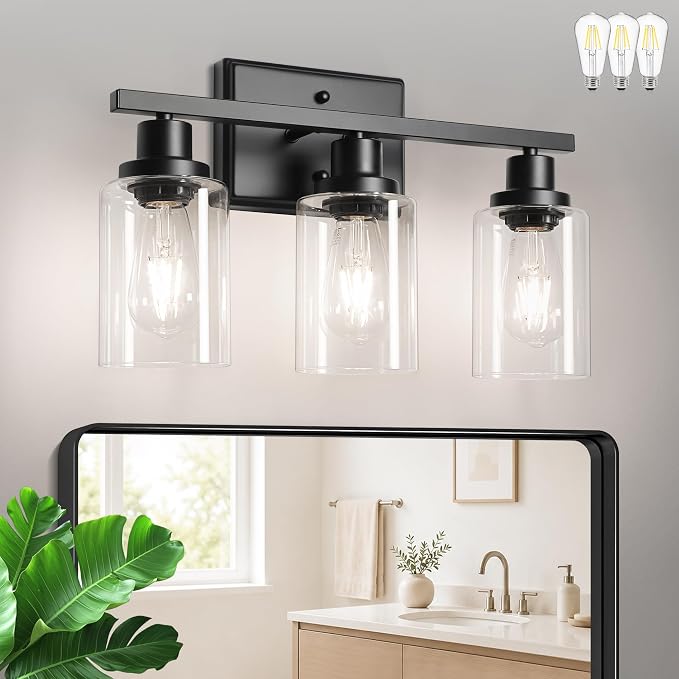 Ascher Bathroom Light Fixtures, 3 Light Vanity Light with LED Bulbs Included, Black Wall Sconces with Clear Glass Shades for Mirror, Kitchen, Living Room, Hallway, Cabinet