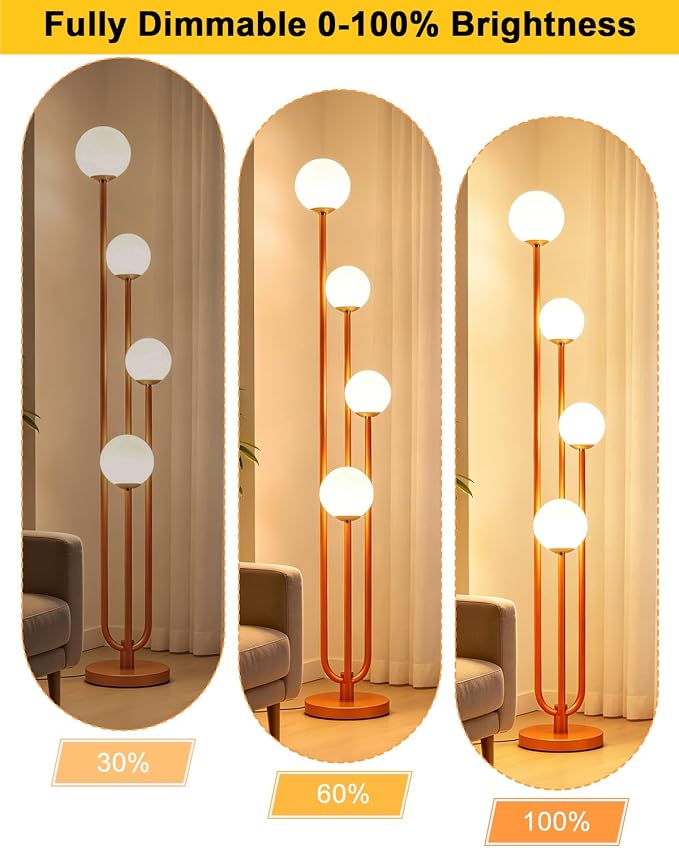 4-Globe Dimmable Orange Floor Lamp, 63IN Standing Tall Lamps with 3000K Bulbs for Reading, Mid Century Modern Floor Lamp with 5Lbs Heavy Base for Living Room Bedroom Home Office