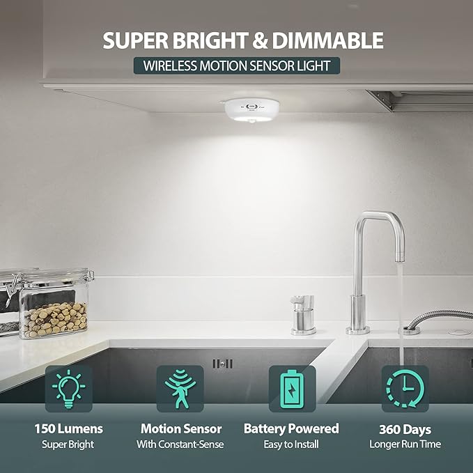BLS Motion Sensor Light Indoor, LED Night Light Closet Lights, Under Cabinet Battery Powered Ceiling Lights, AA Battery Operated Stick on Wireless Puck Lights for Wall, Step, Stair, Dimmable (3 Pack)