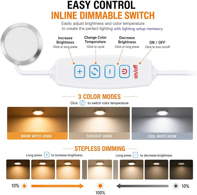 USB LED Puck Light, Dimmable 3 Color temperatures under cabinet (1Pack) | Dimmable, 3 Color Temperatures, Inline Switch, Lighting Setup Memory, Under Cabinet, USB DC 5V, 78.74in Long Cable