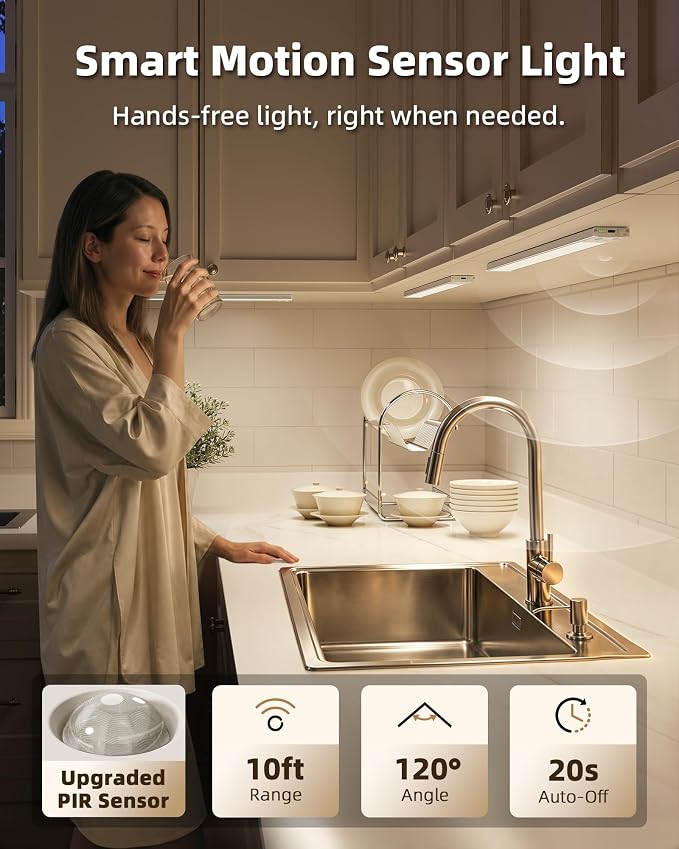 EZVALO 17'' Under Cabinet Lighting Wireless, 3Pack Rechargeable Closet Lights, LED Motion Sensor Indoor, Dimmable & 3 Color Temps Battery Operated with Power Display, for Kitchen, Stairs, Bookshelf