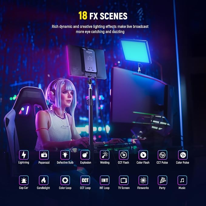 NEEWER GL25C LED RGB Streaming Key Light, APP/PC Control 25W 2500Lux/0.5m 2900K-7000K CRI95+/TLCI97+ Full RGB Dimmable Edge Emitting Silent Webcam Video Light with Desk Stand