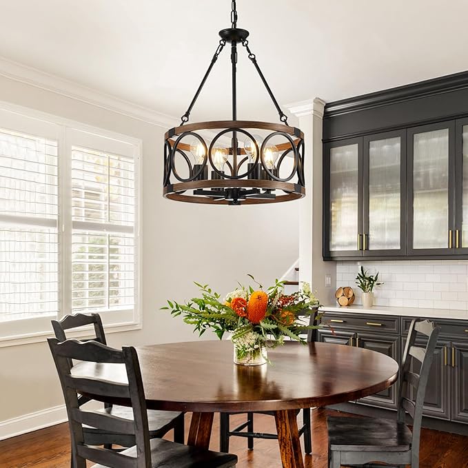 15.7'' Farmhouse Chandelier, 4-Light Walnut Wood Grain Dining Room Light Fixture Over Table, Rustic Industrial Drum Hanging Pendant Lights Fixture for Kitchen Island Bedroom Hallway Foyer Entryway