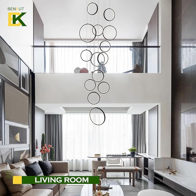 14 Ring High Ceiling Chandelier Foyer, Black Modern LED Large Staircase Long Chandeliers Light Fixture with Remote for Staircase Entryway Living Room Dining Room(118in, 3000K-6500K)
