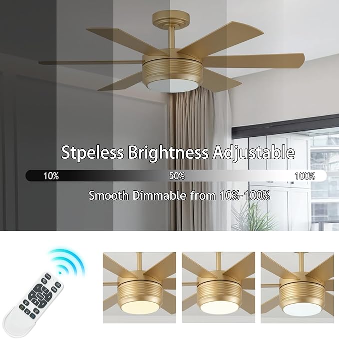 SHOWDI Ceiling Fan with Lights and Remote, 6 Blade App Control Timer Reversible Stepless Brightness and Color Temperature Outdoor Wood Ceiling Fan with Lights (Gold, 42 Inch)
