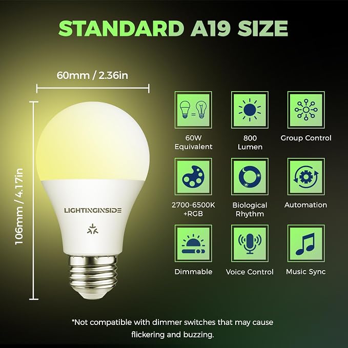 Matter Smart Light Bulbs, RGBCW Color Changing Light Bulb | Compatible with Alexa/Apple Home/Google Home/SmartThings, E26 Smart Bulb 800LM, 2.4G WiFi, ETL Listed, Hub Required, 1 Pack