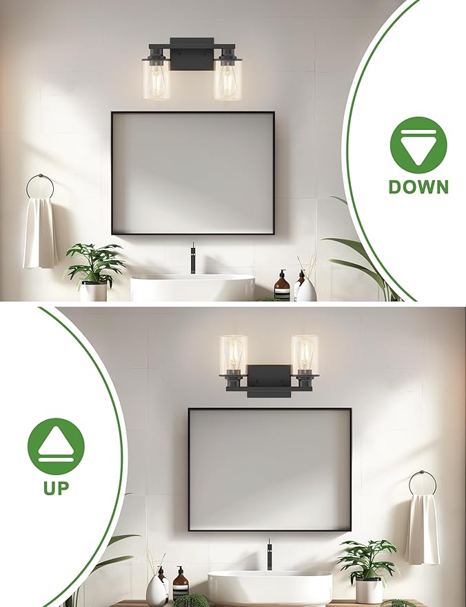 L LOHAS LED 2-Light Black Bathroom Light Fixtures,Modern Lighting Fixtures Over Mirror with Clear Glass Shade, Vanity Lights for Bedroom, ETL Listed