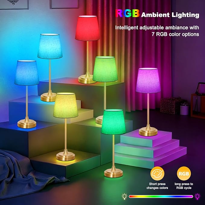 Wowag Cordless Table Lamp Rechargeable,5000mAh Battery Operated Desk Lamp,3 Colors & 7 RGB Stepless Dimmable,Touch Control Ambient Light for Bedside,Bedroom,Dining Room,Living Room,Gold,FlaxenShade