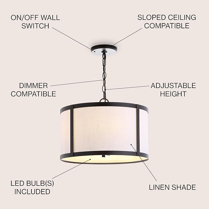 JONATHAN Y 17" Oil Rubbed Bronze Metal LED Pendant Light for Kitchen Island, White Linen Drum Shade, Transitional Ceiling Hanging Fixture for Dining Room, 4 Bulbs Included JYL3510A