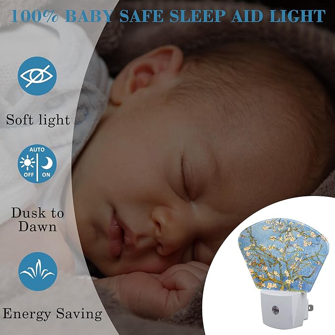 Blossoming Almond Tree Oil Painting Plug in Night Lights, Art Painting Nightlight Plug Into Wall Dusk to Dawn Sensor for Kid Girls Boys Women Bedroom,Hallway,Kitchen,Bathroom,Stairs Decor