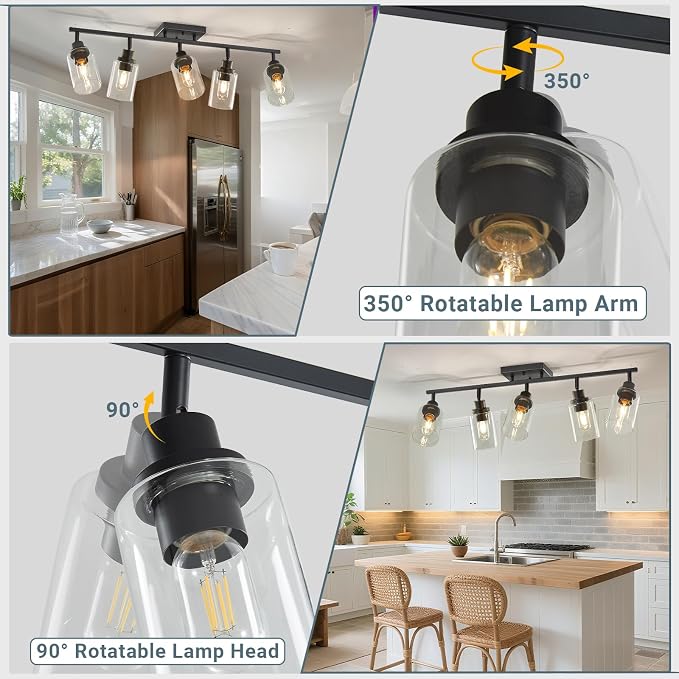 LOUSACE 5 Light Kitchen Track Light Fixtures Ceiling Vanity Lights Black, Bathroom Track Lighting Kit w/Rotatable Heads & Clear Glass Shade, Modern Wall Ceiling Tracking Light for Accent Shop Hallway