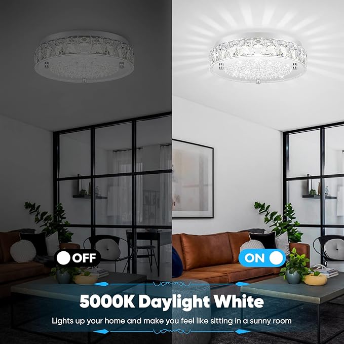 Crystal Chandeliers Flush Mount LED Ceiling Light Fixture, 5000K Daylight White Super Bright 1980LM 11-Inch Dimmable Farmhouse Kitchen Light Modern Ceiling Lamp for Bedroom Bathroom Nursery