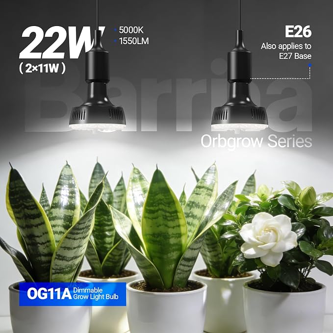 Barrina OG11A Grow Light Bulbs for Indoor Plant, 5000K 11W, 2 Packs, Black | Integrated Dimming & Timing, E26 Plant Light Bulb, Full Spectrum, High PPFD for Seeds and Greens
