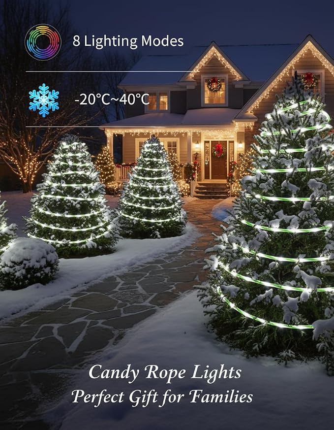 Halloween Candy Cane Lights, Tree Light, 33ft 100 LEDs Solar Rope Lights Outdoor, 8 Lighting Modes Solar Powered String Lights for Christmas Decor, Camping Canopy, Tent Decor, Green White