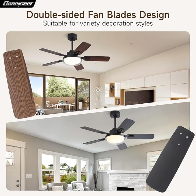 Conciseer 44 Inch Ceiling Fans with Lights and Remote, Bedroom Living Room Office Outdoor, 5CCT Dimmable, Dual Color 5 Blades, 6 Speed Reversible Quiet DC Motor, Dual-Layer Shade, Black/Wood Grain