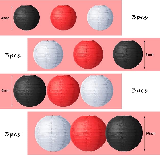 Tenare 12 Pcs Traditional Round Paper Wedding Lantern 4 Size 4, 6, 8, 10 Inch Decorative Ball Hanging Chinese Japanese Paper Lantern for Birthday Party(Black, White, Red)