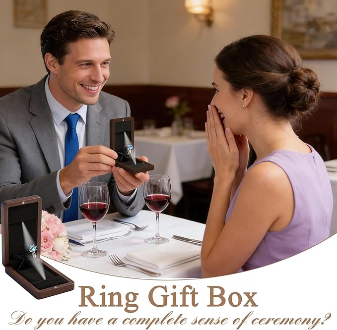 Wooden Engagement Ring Box For Proposal Valentine's Day Jewelry Gift Box Wood Rotating Wedding Day Ring Box With Led Light Gift Packaging(Black Walnut)