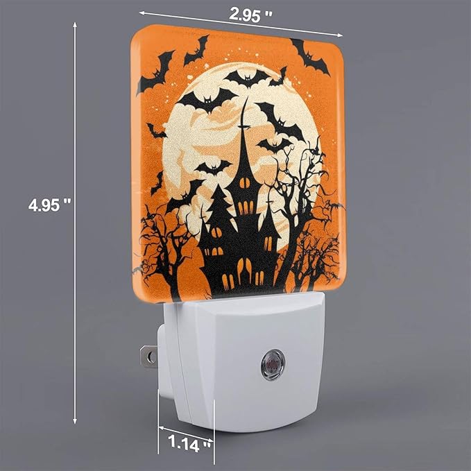 Halloween House Night Moon LED Plug-in Night Lamp 2 Piece Set, Auto Sensor Nightlights Set of 2 for Bedroom Bathroom Decorations