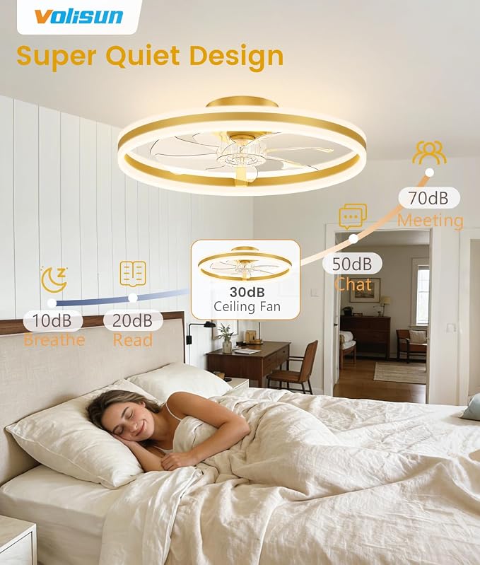VOLISUN Low Profile Ceiling Fans with Lights and Remote, 24in Flush Mount Ceiling Fans with Light, 3000K-6500K Dimmable Fandelier LED Fan Light, Gold Bladeless Ceiling Fans with Lights for Bedroom
