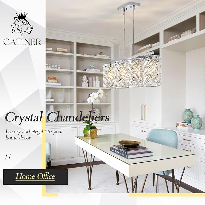 40" Chrome Crystal Linear Chandelier, 4-Light Kitchen Island Pendant | 40-inch chrome crystal linear chandelier with adjustable height, 4 E26 lights, dimmable for kitchen islands and dining rooms