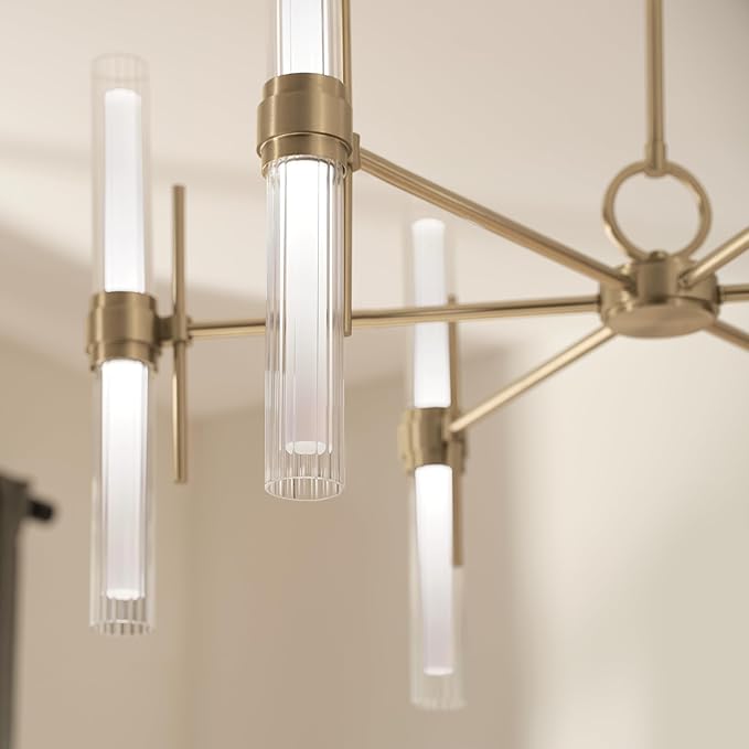 Kichler Riven LED 12-Light Chandelier with Clear Fluted Glass in Champagne Bronze, Sloped Ceiling Compatible, for Kitchen or Dining Room (17" x 33"), 52752CPZLED