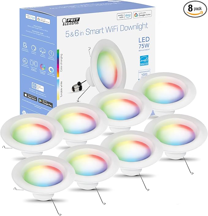 Feit Electric Smart Recessed Light, Fits Most 5-6" Can Housing, Works with Alexa or Google Assistant, Dimmable, 75W Equiv, 1000 Lumens, 2.4GHz WiFi Color Changing Downlight, LEDR6/RGBW/AG/2/4, 8 Pack