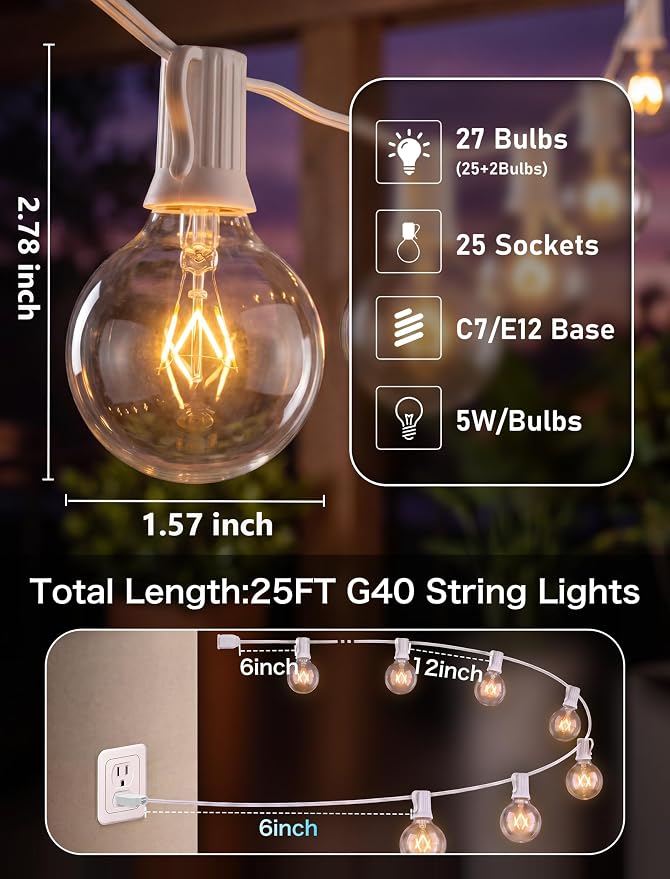 25FT Outdoor White String Lights with 27 G40 Clear Bulbs | Globe Patio String Lights for Indoor/Outdoor, Connectable Hanging Lights for Backyard Porch Balcony Party Decor - White Wire