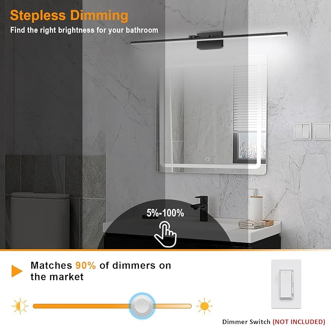 LED Bathroom Vanity Light, Modern Bathroom Light Fixture Over Mirror (3000K/4000K/6000K, Dimmable), Vanity Light Bar with Angle Adjustable, 48 Inch, Black